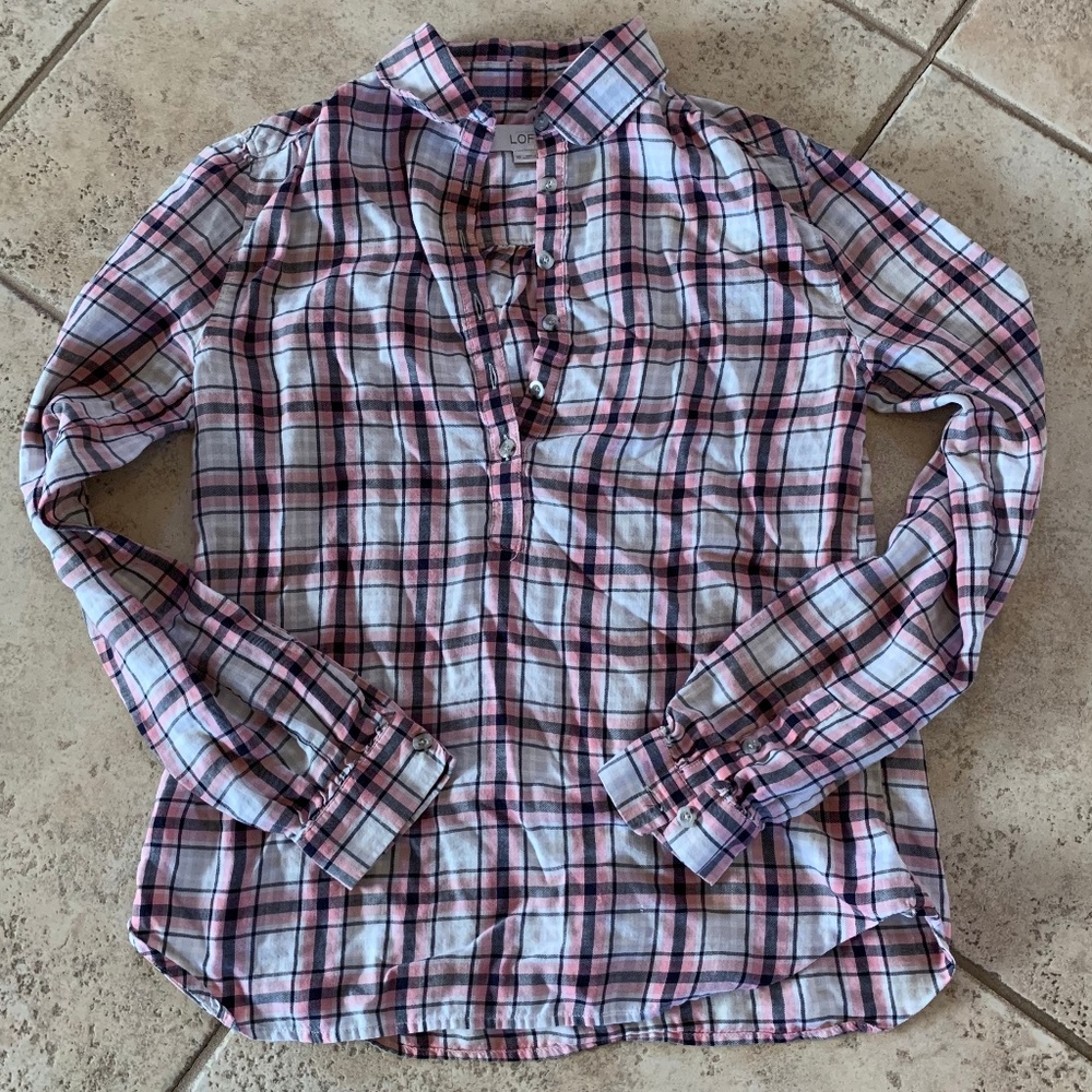 LOFT Plaid Half Button Up Top XS